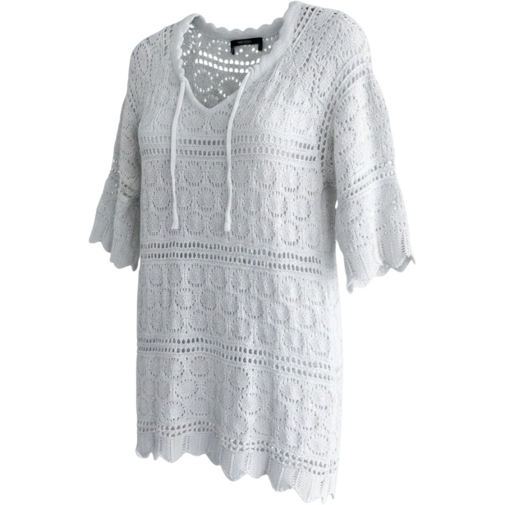 White Crochet Knit Tunic Cover Up V-Neck Drawstring Scalloped Trim Top Medium